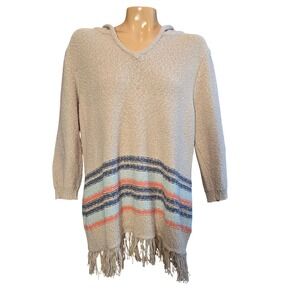 Natural Reflections Women's Beige Striped Fringe Hooded Pullover Sweater Size L